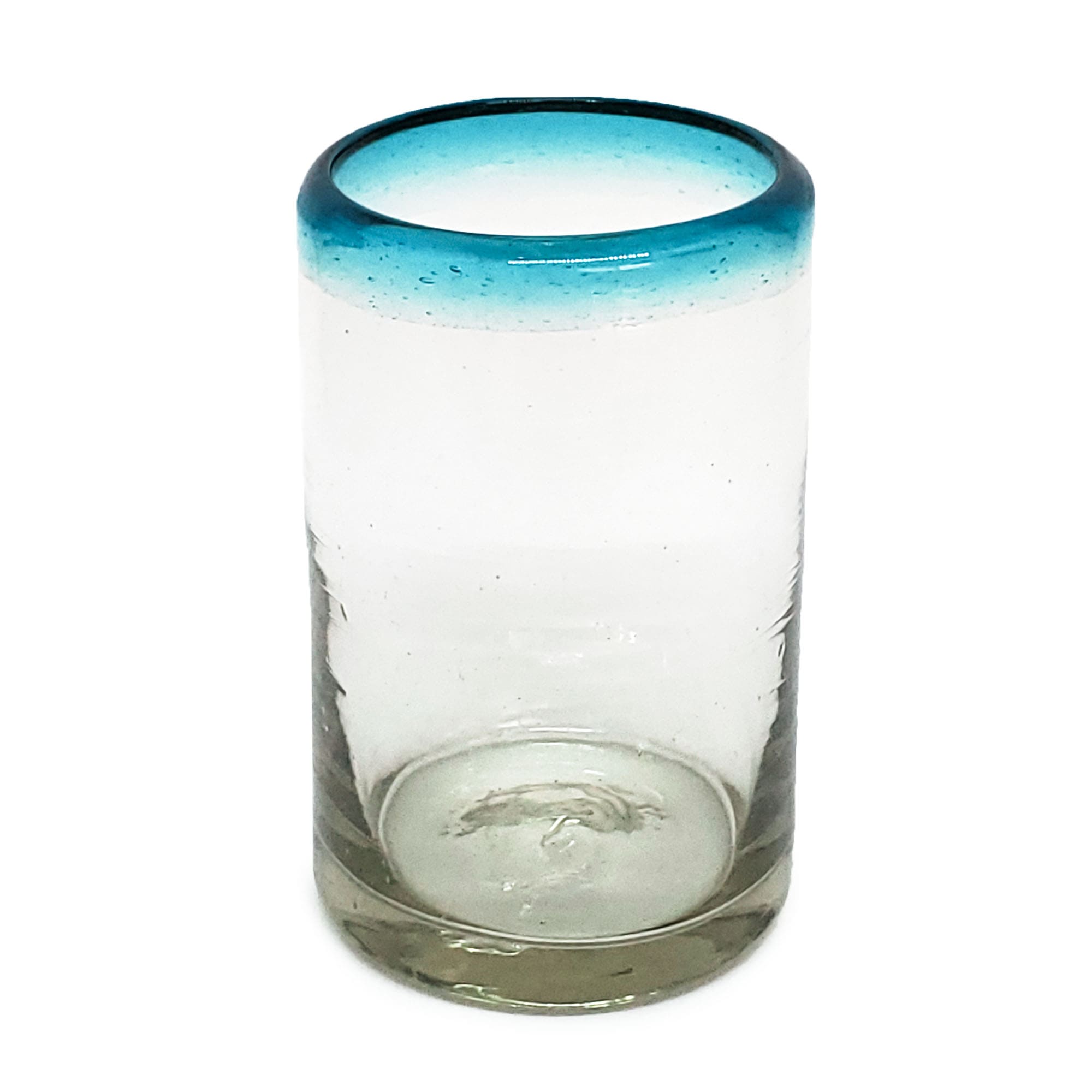 VIDRIO SOPLADO / vasos para jugo con borde azul aqua, 9 oz, Vidrio Reciclado, Libre de Plomo y Toxinas